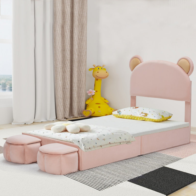 Upholstered Platform Bed Frame with Cartoon Bear Ears Shaped Headboard